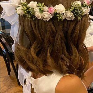 Floral White and Green Kids Hair Wreath